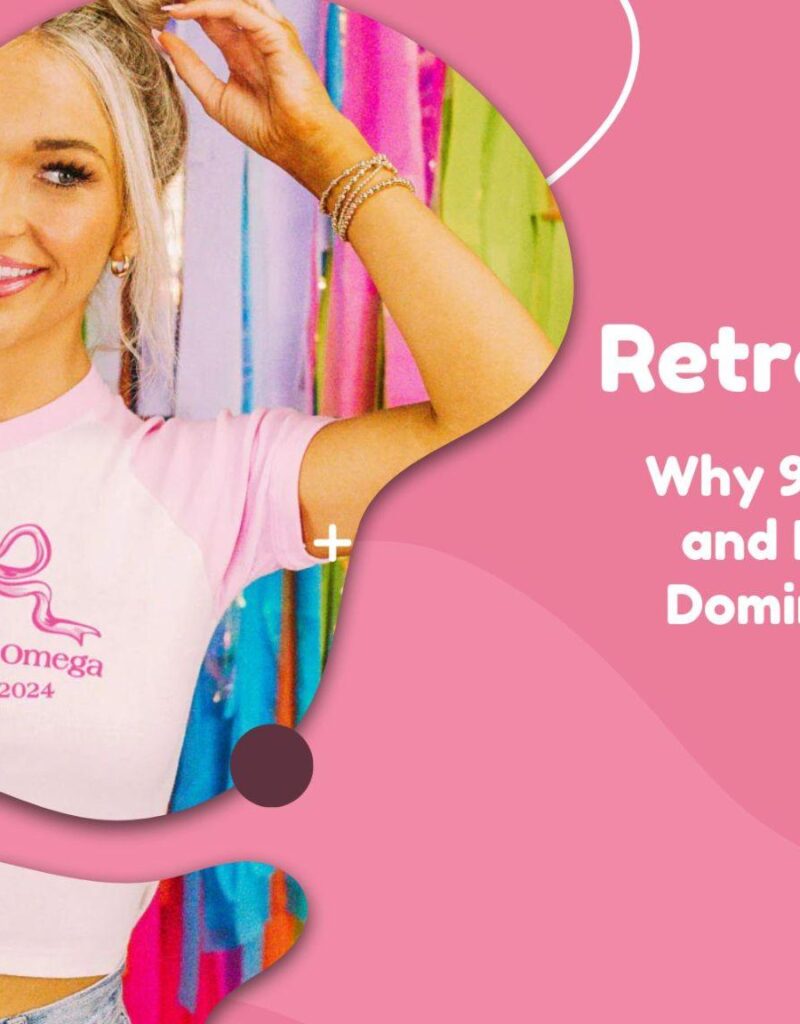 Smiling woman in a pink tee inside a circular cutout on a pink promo banner for a Retro Revival article about 90s typography and campus style.
